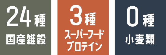 24種国産雑穀、3種スーパーフードプロテイン、0種小麦類